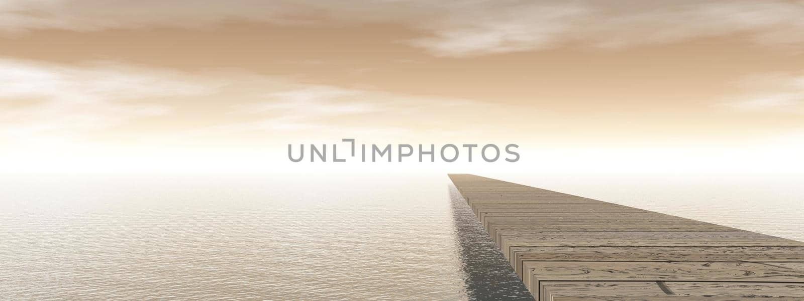 Old wooden pontoon leading to the horizon upon water by brown day