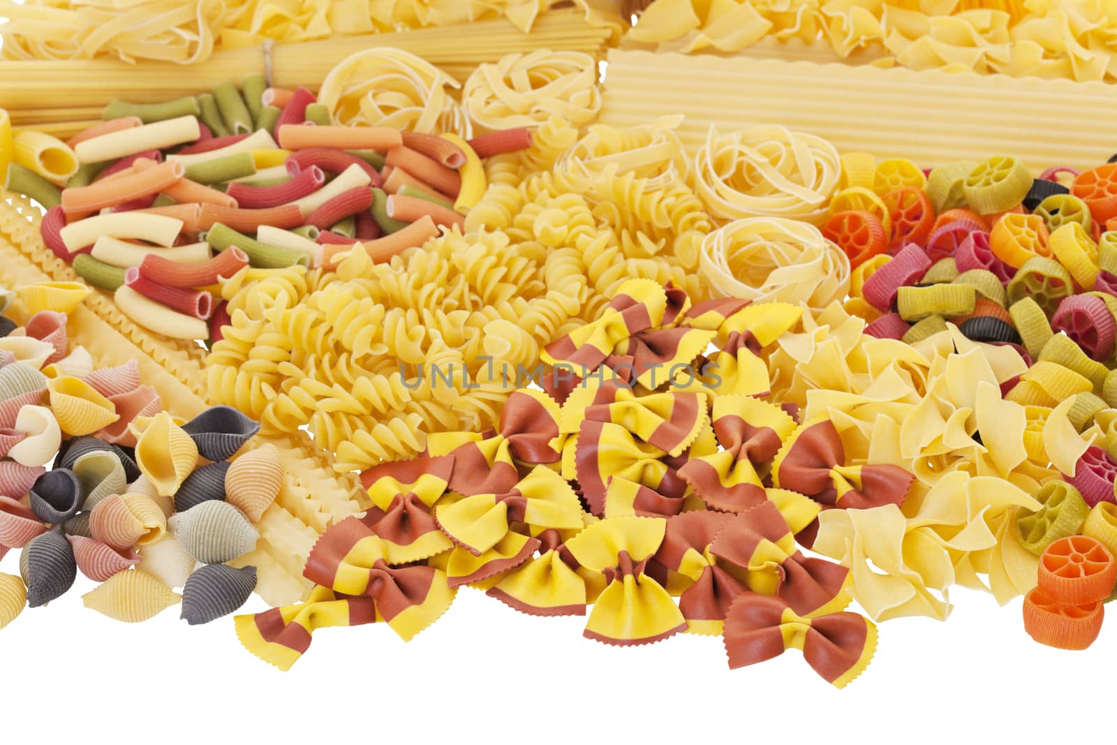 A variety of different dry pastas.  Shot on white background.