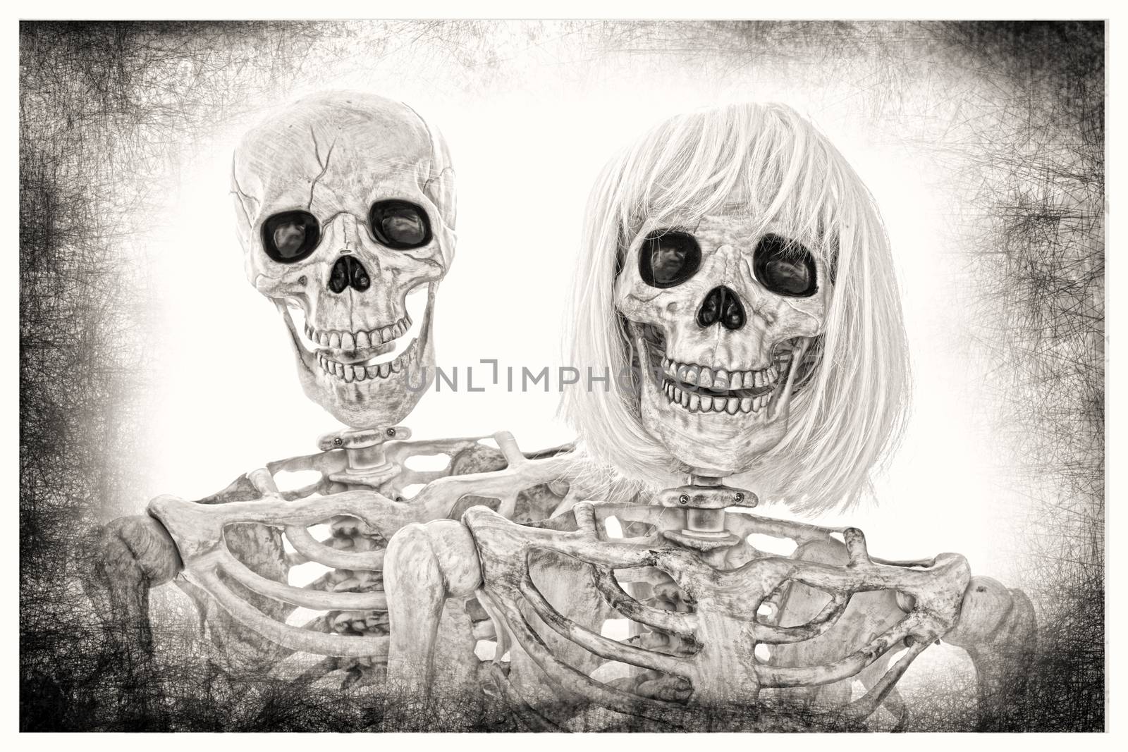 Very old portrait of a skeleton couple.  Textured black & white.