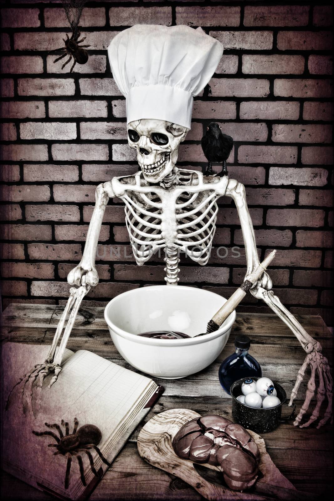 A Skeleton cooking up a frightful meal.  Textured.
