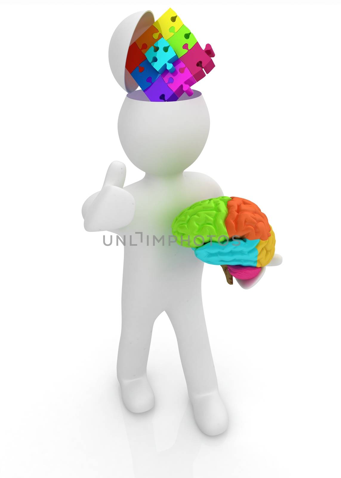 3d people - man with half head, brain and trumb up. Idea concept with puzzle