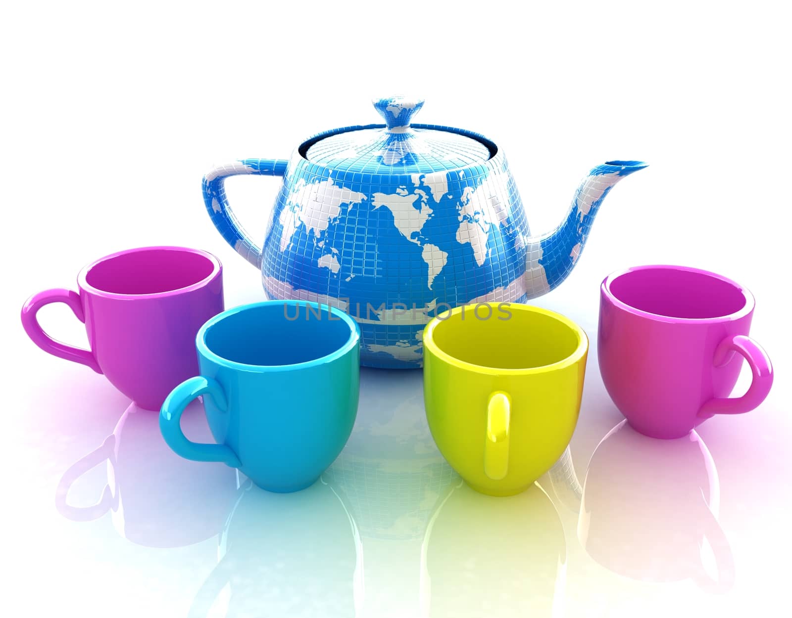 colorfull cups and teapot for earth. Globally. Drink for the entire planet.Concept of communication