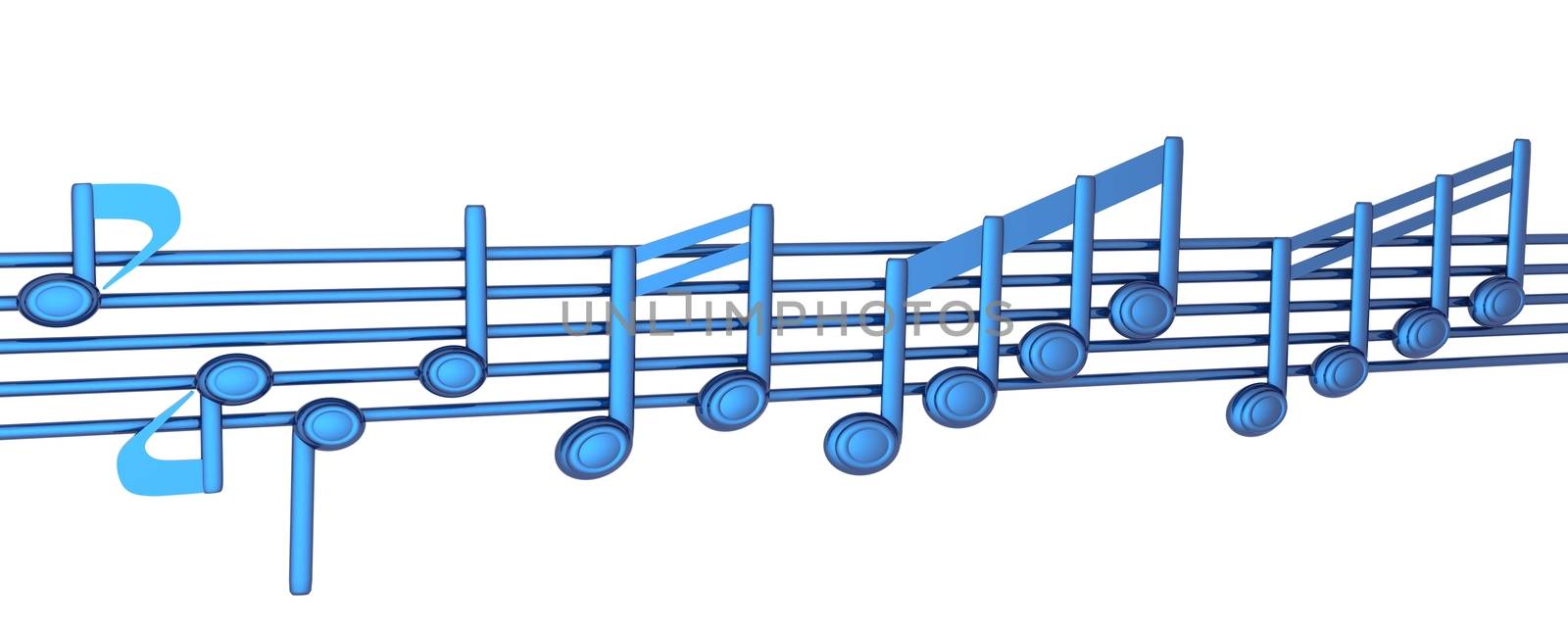 Various music notes on stave. Blue 3d