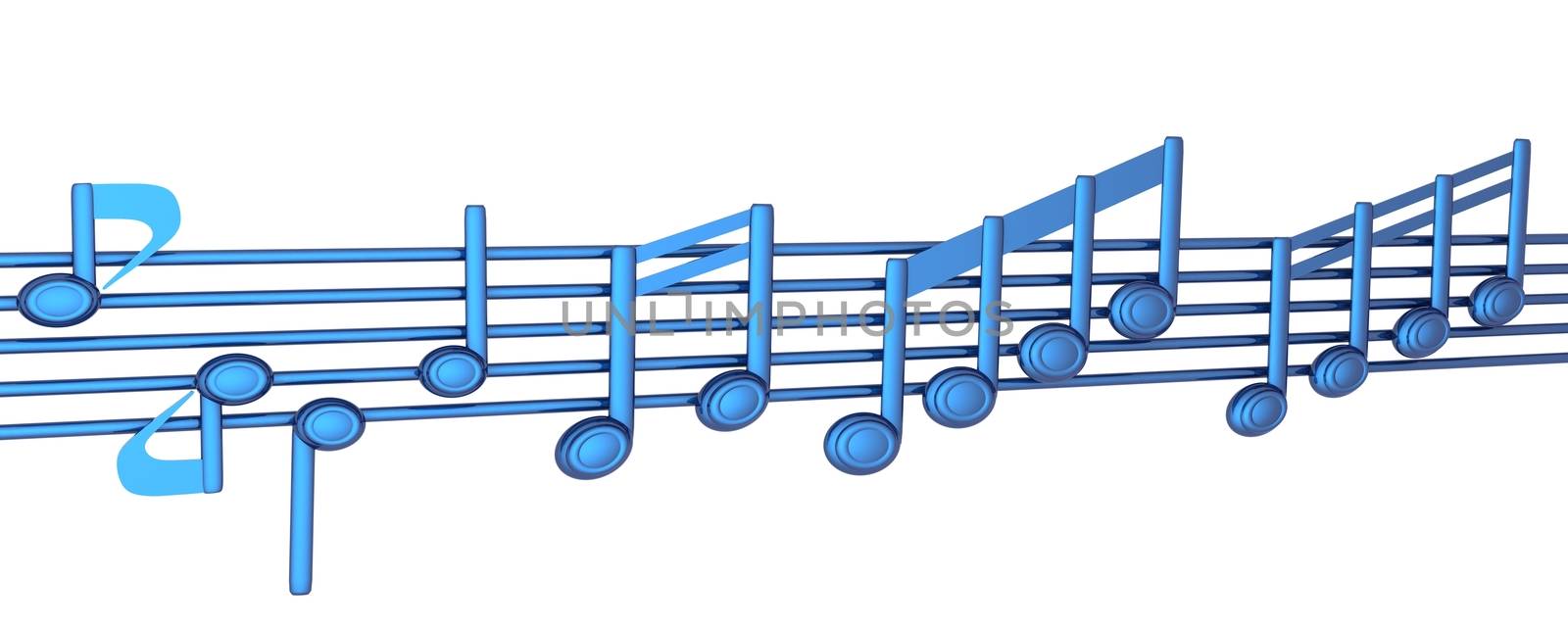 Various music notes on stave. Blue 3d