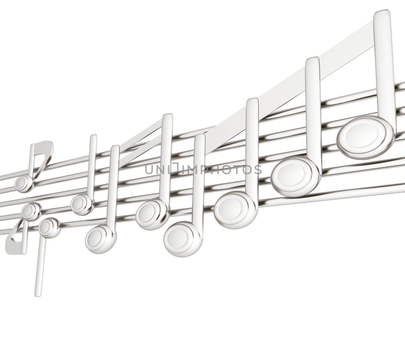 Various music notes on stave. Metall 3d