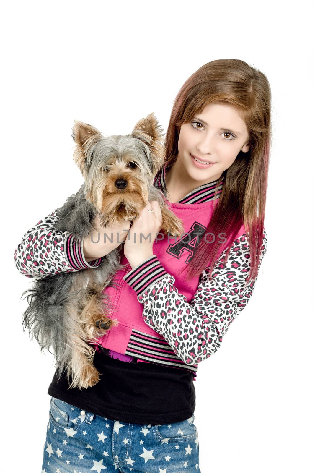 smiling young girl with her pet yorkshire by artush