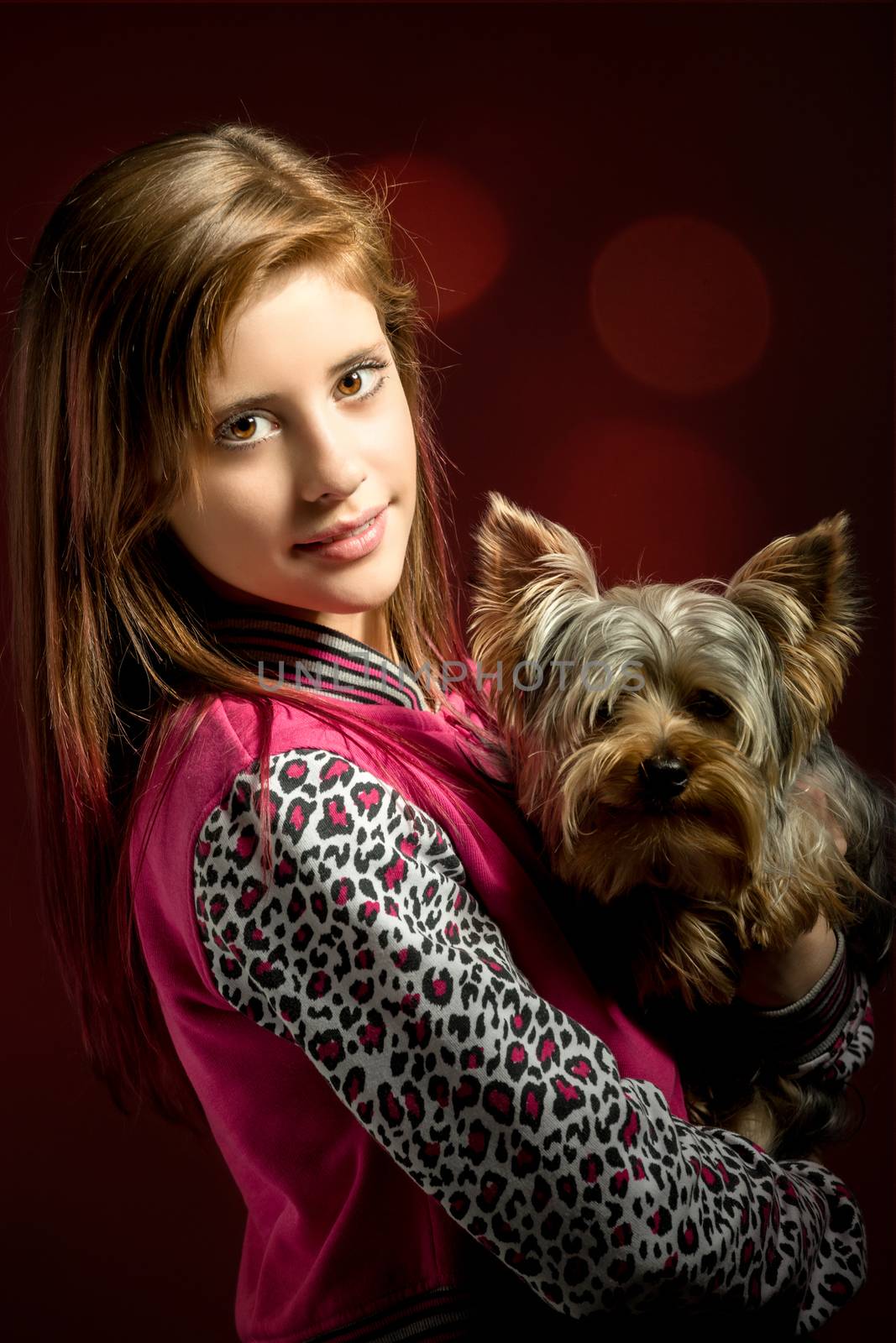 smiling young girl with her pet yorkshire by artush