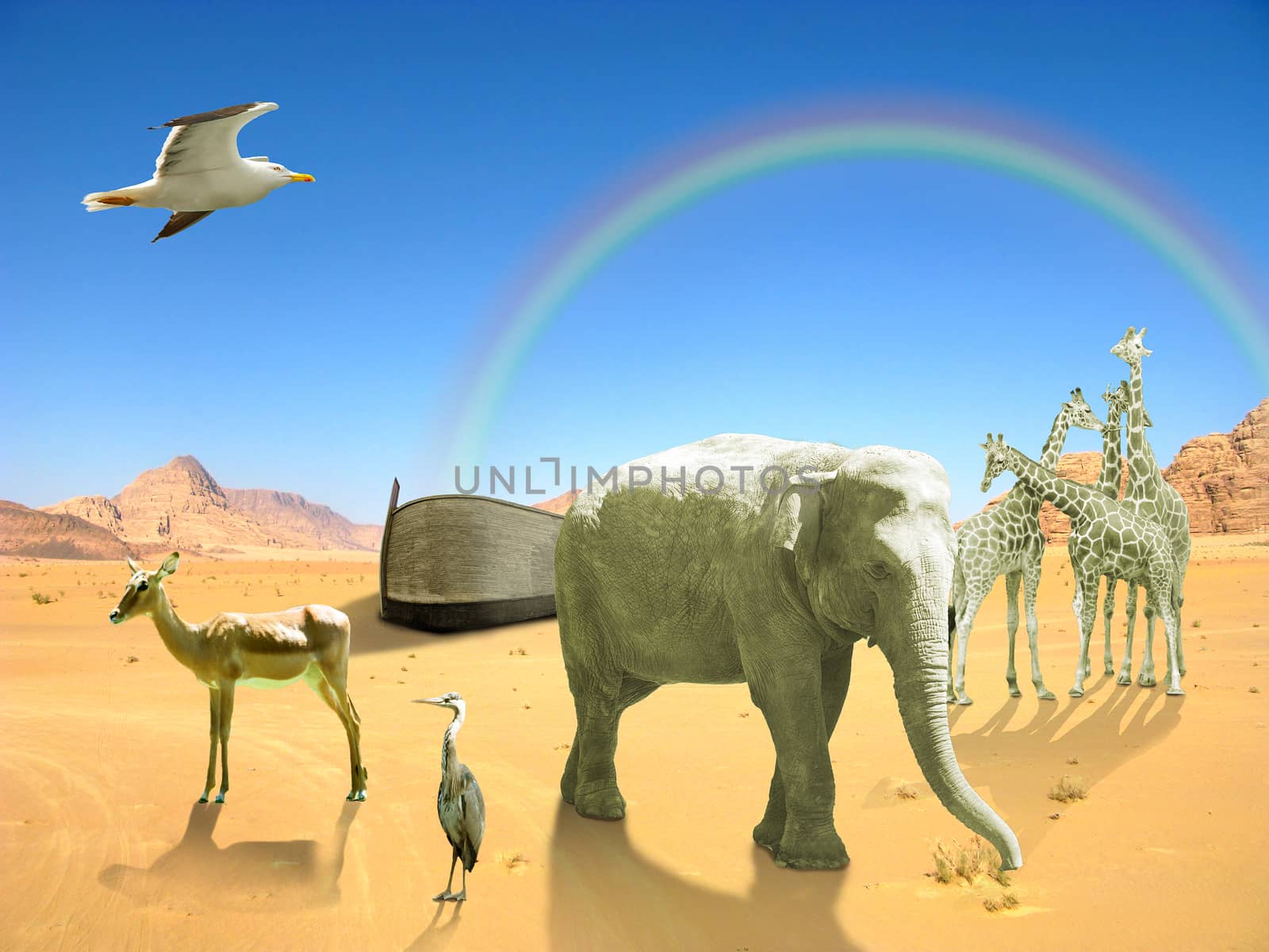 Arc of Noah with elephant, birds, giraffes in desert with rainbow