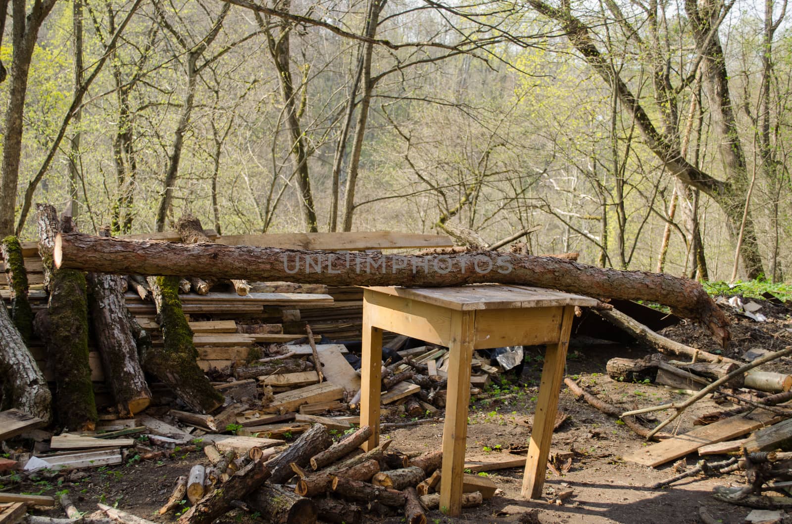 wood board sticks logs piles and wooden table for cutting logs uotdoor