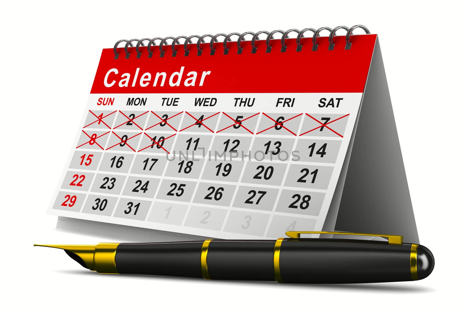 Calendar and pen on white background. Isolated 3D image