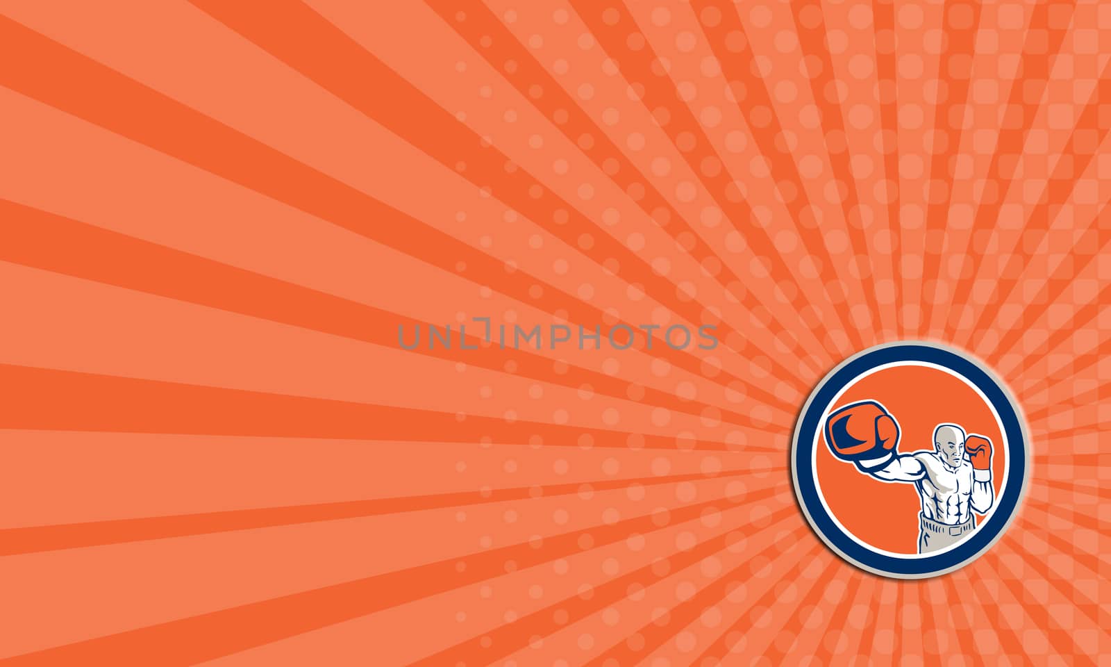 Business card showing illustration of a boxer jabbing punching set inside circle done in retro style on isolated background.