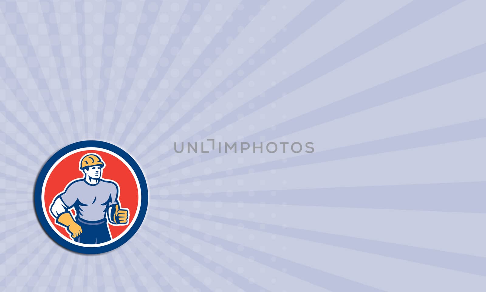 Business card showing illustration of a construction worker wearing hardhat standing thumbs up facing front set inside circle done in retro style.