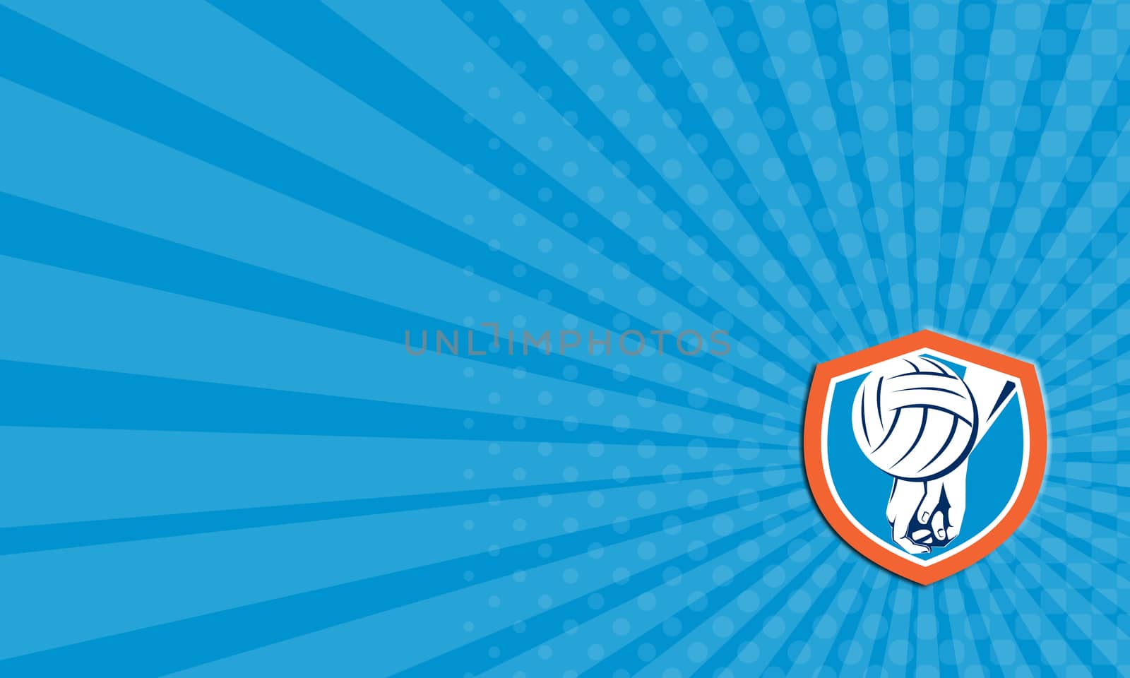Business card showing illustration of a hand hitting volleyball ball set inside crest shield done in retro style.