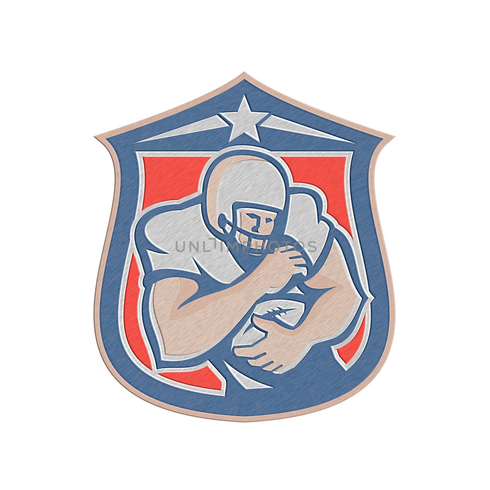 Metallic styled illustration of an american football with helmet on holding ball set inside shield crest viewed from the front done in retro style. 