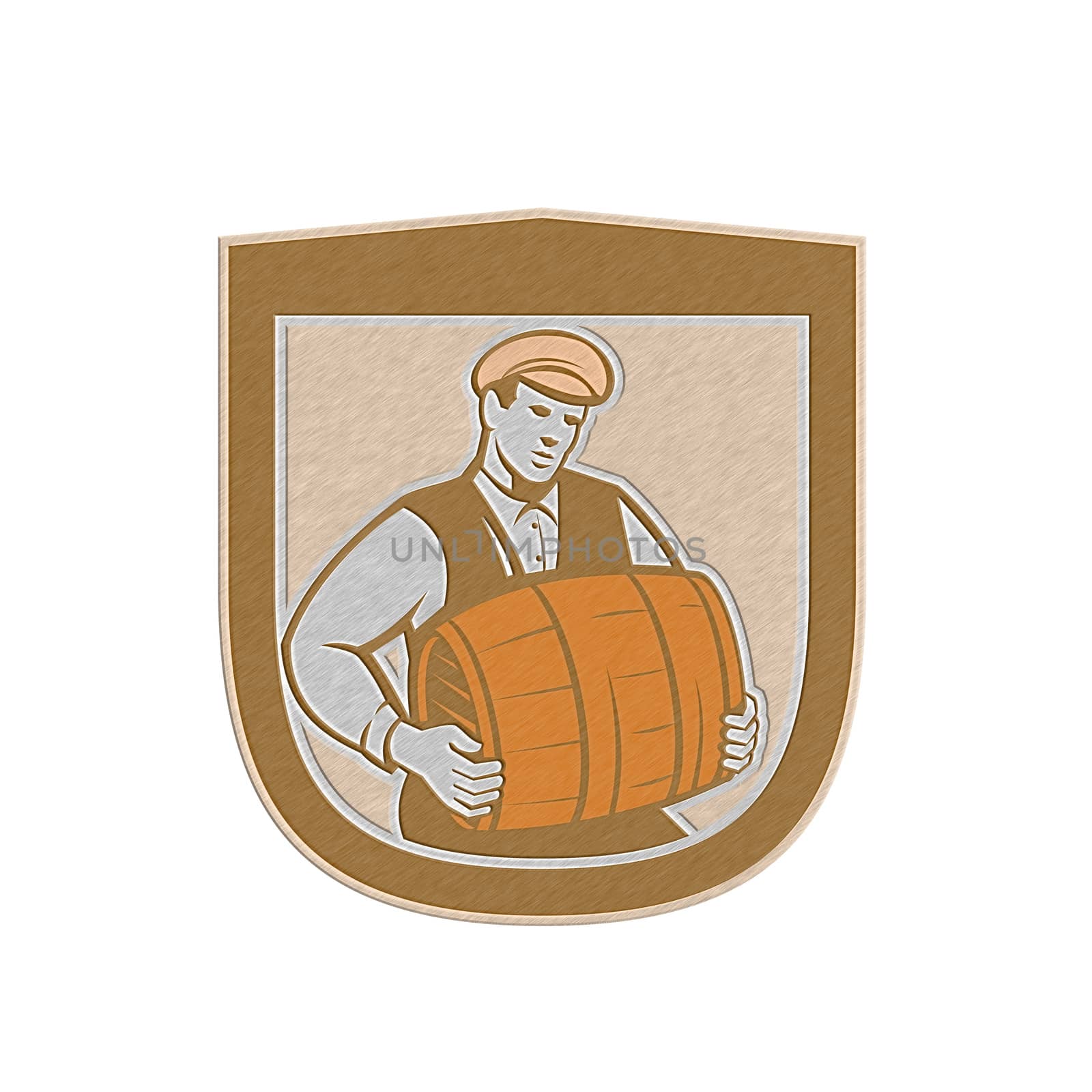 Metallic styled illustration of a bartender worker carrying keg set inside shield crest on isolated white background done in retro style. 