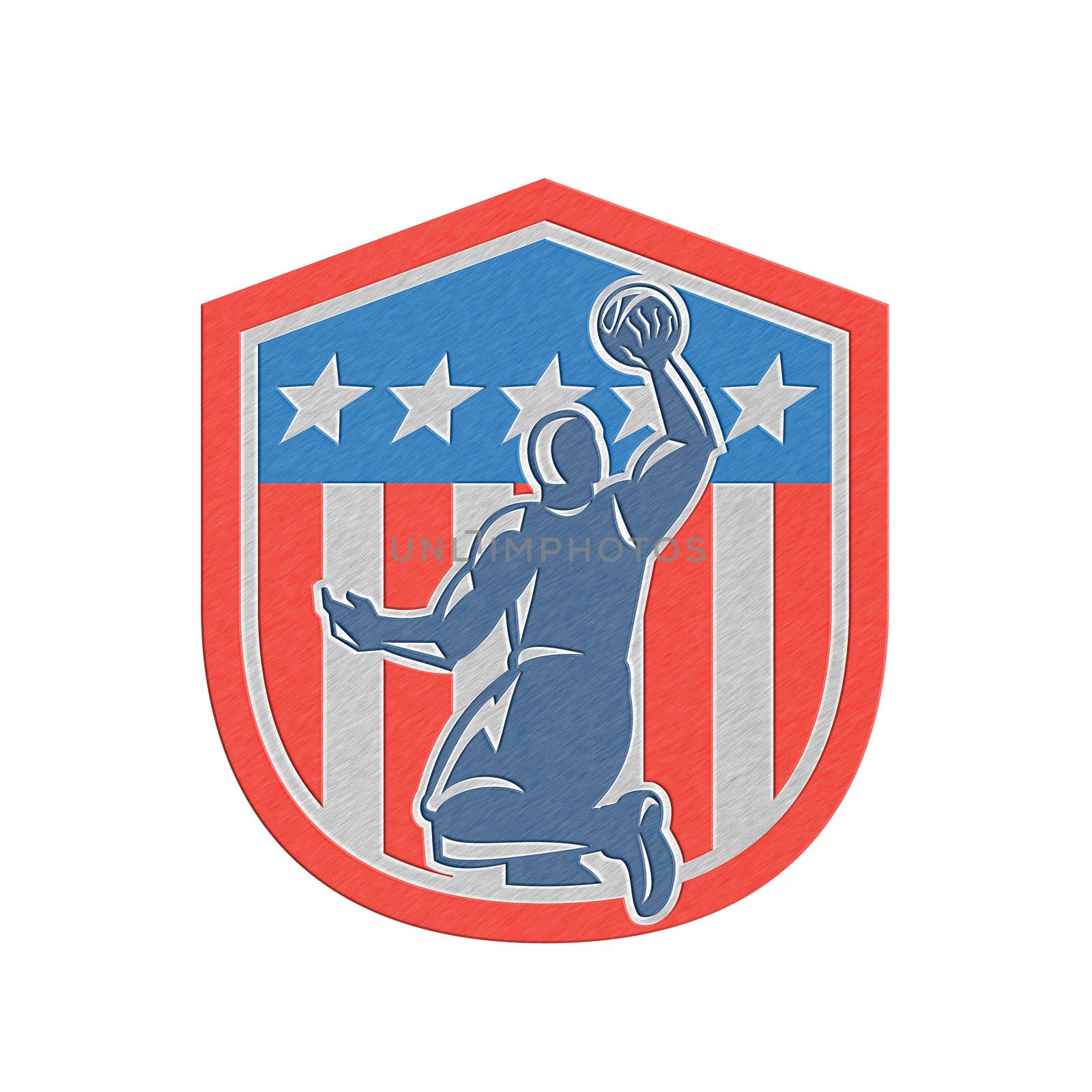 Metallic styled illustration of a basketball player dunking rebounding ball viewed from the rear set inside American stars and stripes flag shield crest done in retro style. 