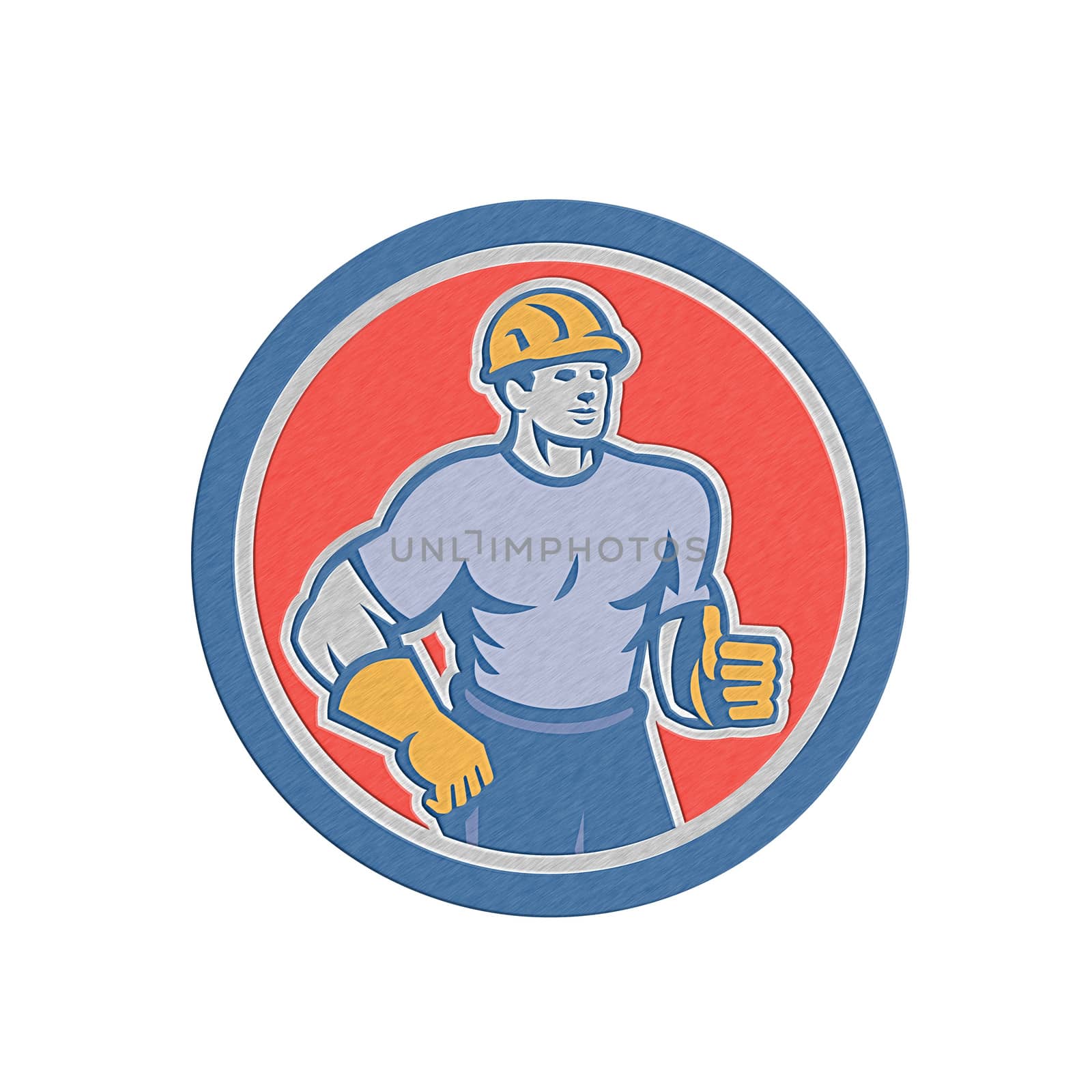 Metallic styled illustration of a construction worker wearing hardhat standing thumbs up facing front set inside circle done in retro style.