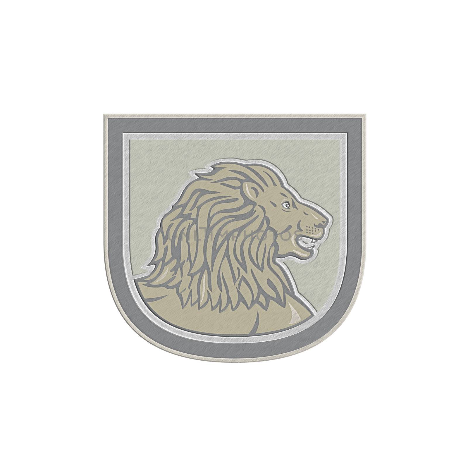 Metallic styled illustration of an lion big cat head viewed from side set inside shield crest on isolated background done in retro style. 