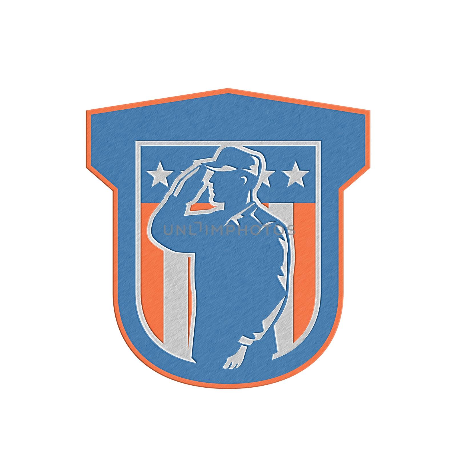 Metallic styled illustration of a military serviceman salute saluting side view with stars and stripes in background set inside a shield done in retro style. 