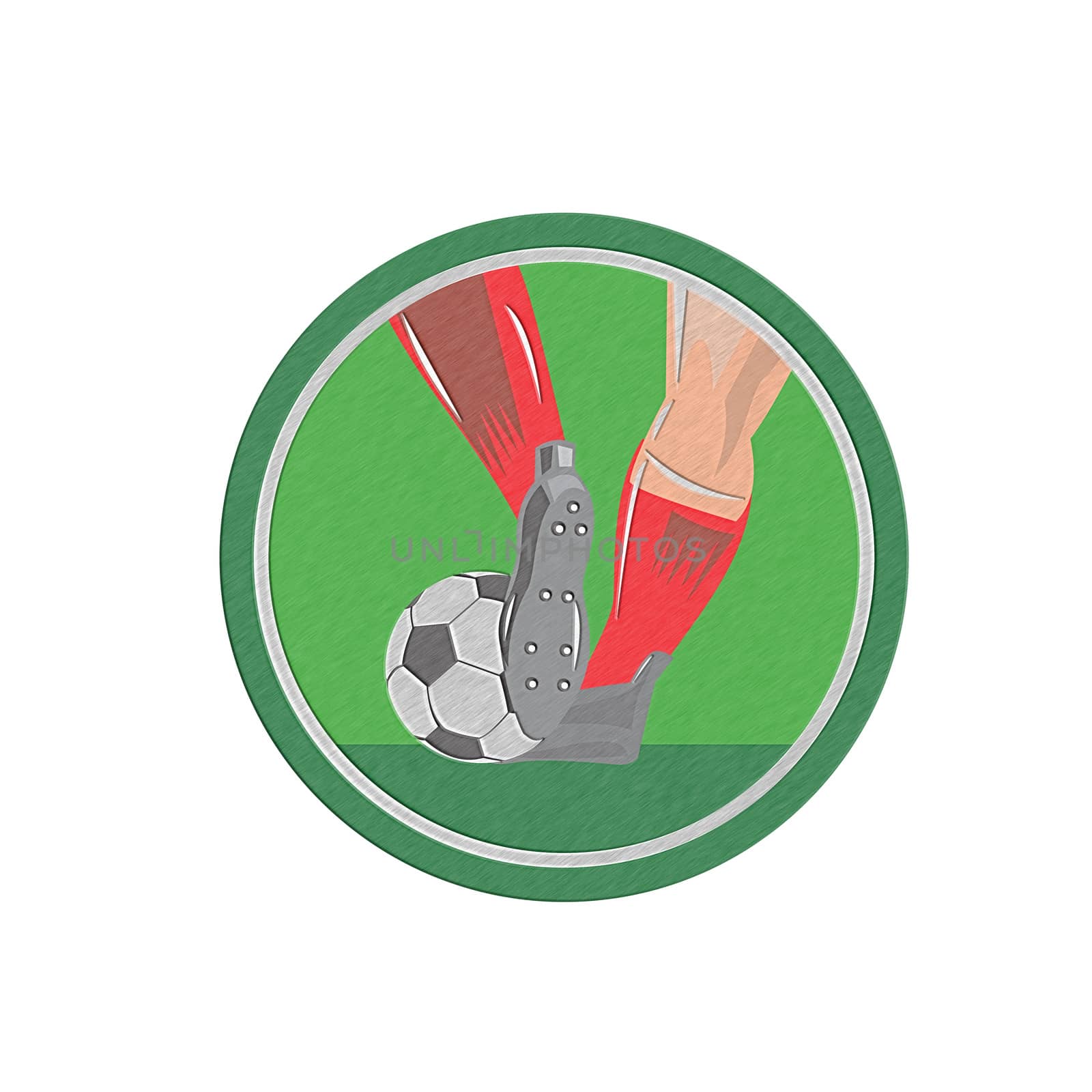 Metallic styled illustration of a leg foot kicking a soccer ball set inside circle done in retro style.
