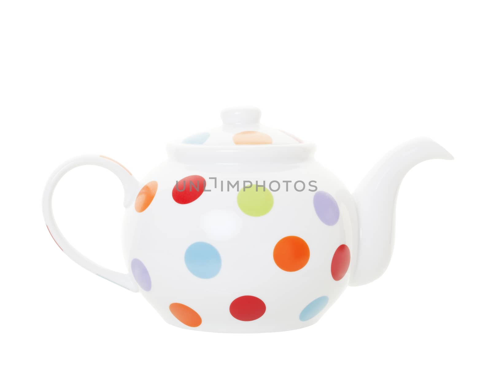 A white teapot with multicolored polka dots.  Isolated with clipping path.