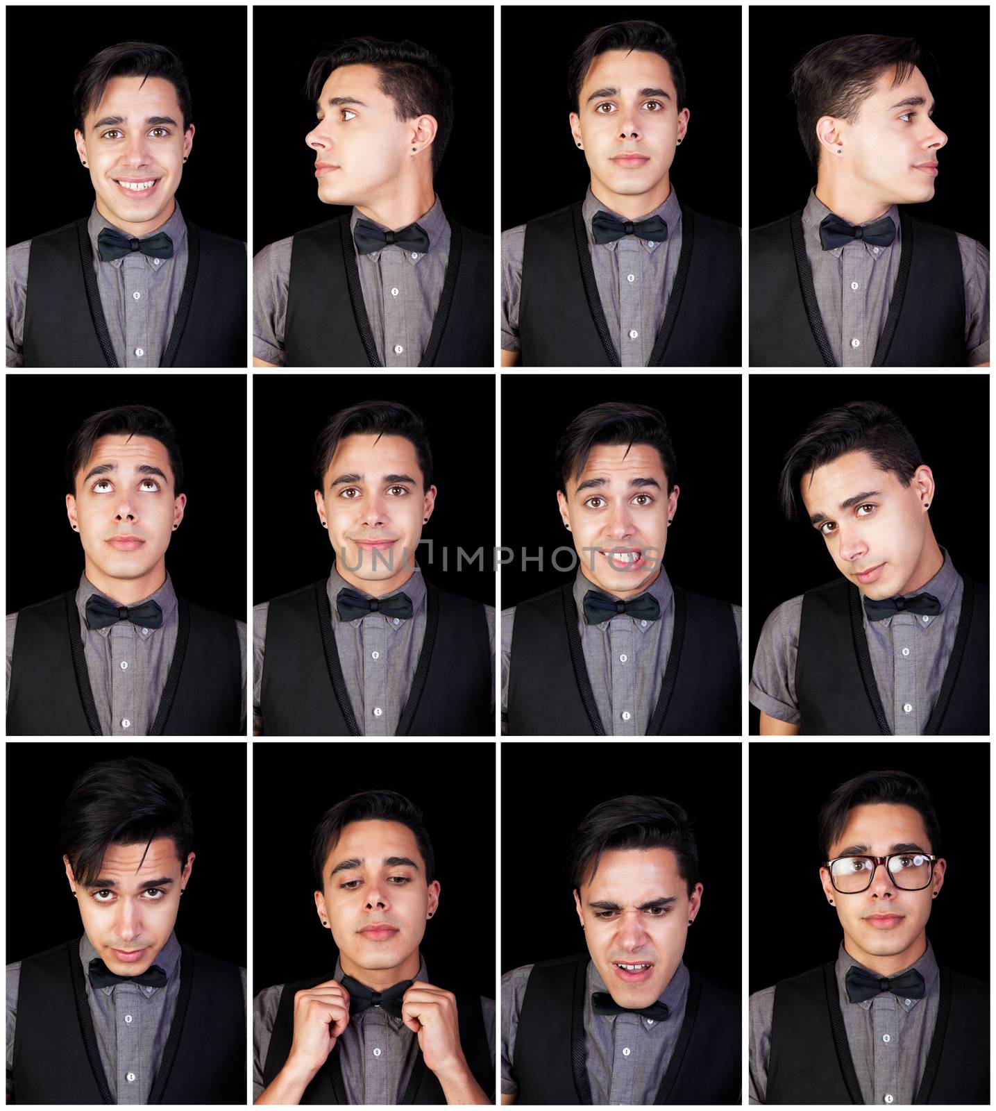One young man, many faces.  Set of facial expressions.
