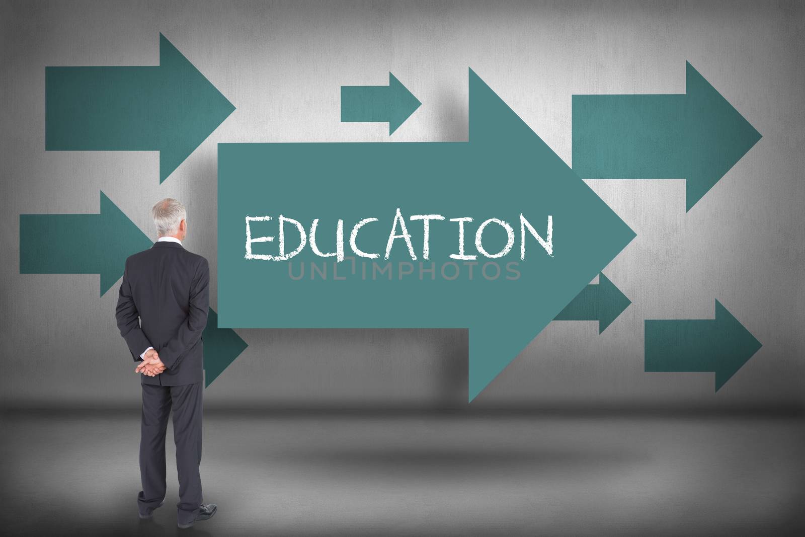 The word education and rear view of mature businessman posing against blue arrows pointing