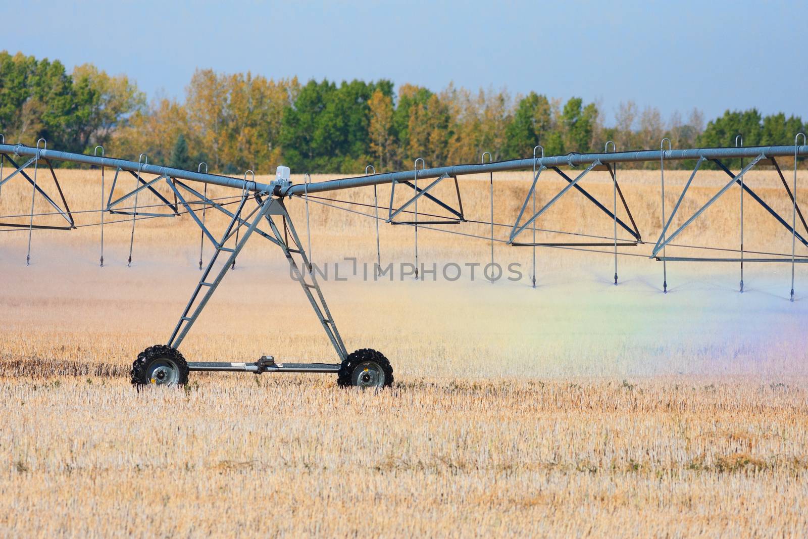 A rainbow of colors are reflected in the water droplets coming from an agricultural watering system pivot.