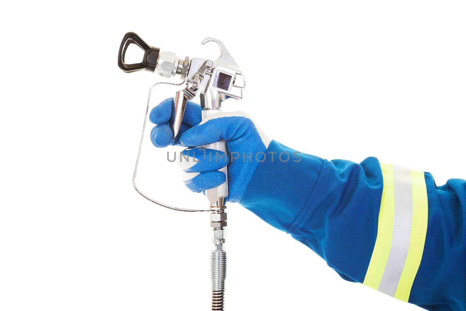 A painter's arm and hand in safety coveralls and gloves holding an Industrial size airless spray gun used for industrial painting and coating.  Shot on white background.