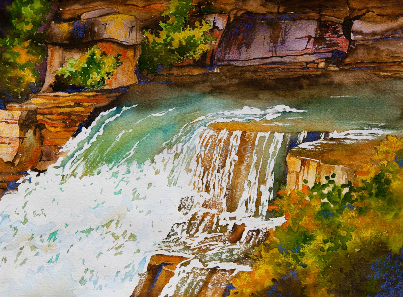 An original watercolor painting of a waterfall landscape, near Markham, Ontario, Canada
