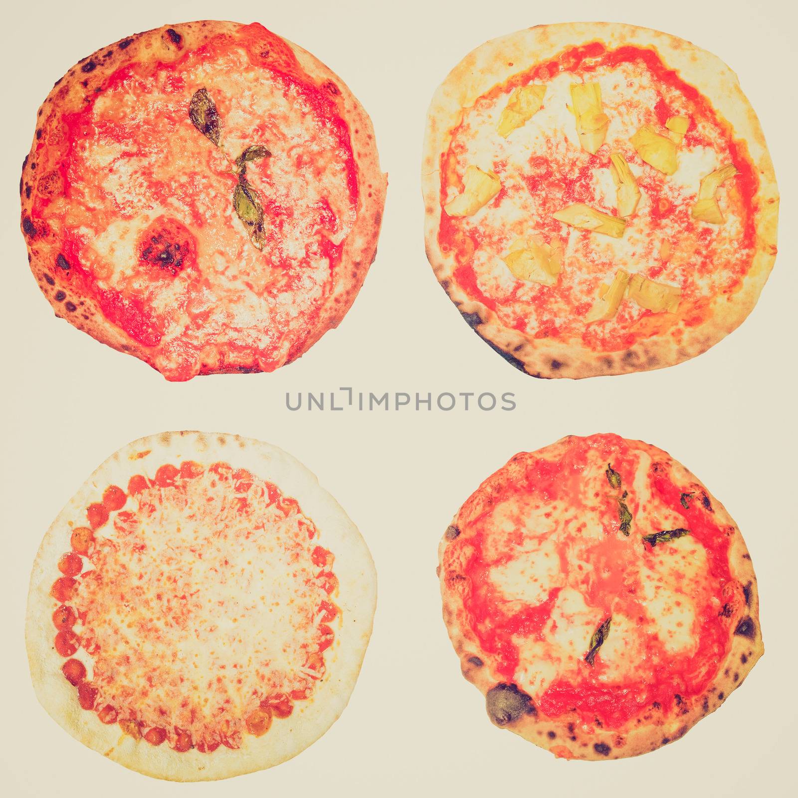 Vintage retro looking Many types of vegetarian pizzas including Italian pizza margherita isolated over white