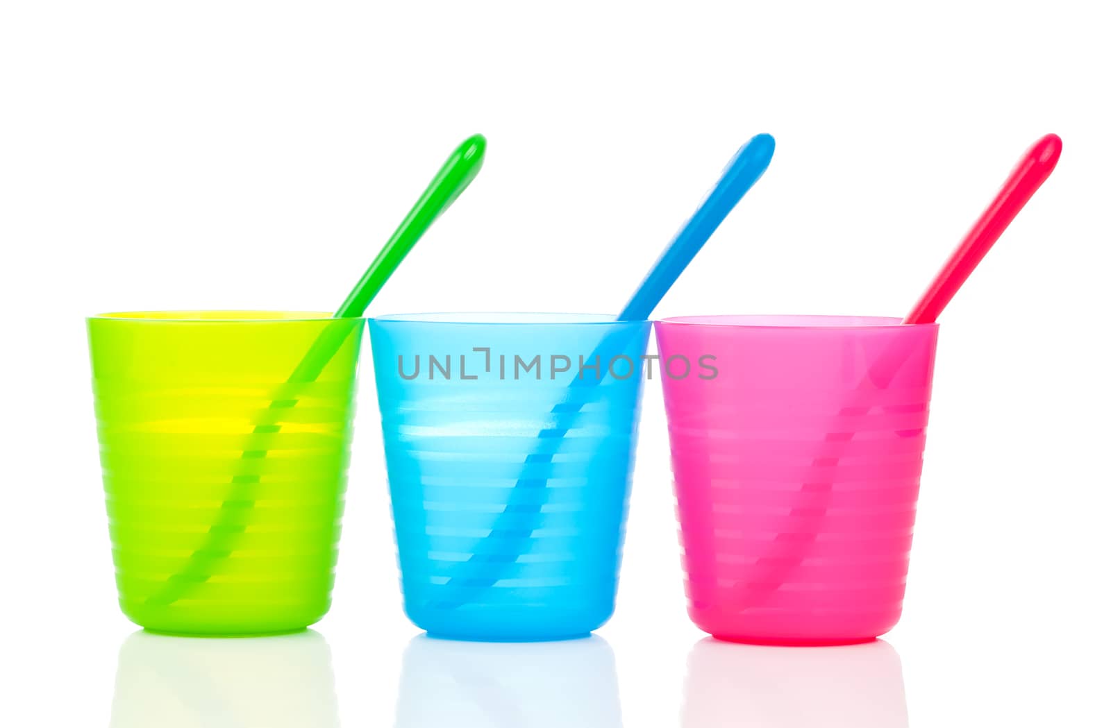 bright plastic tableware, isolated on white background