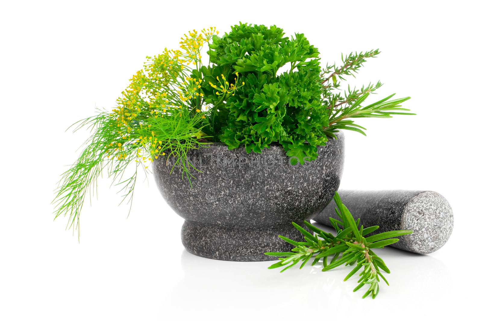 Stone mortar with  green herbs, on white background
