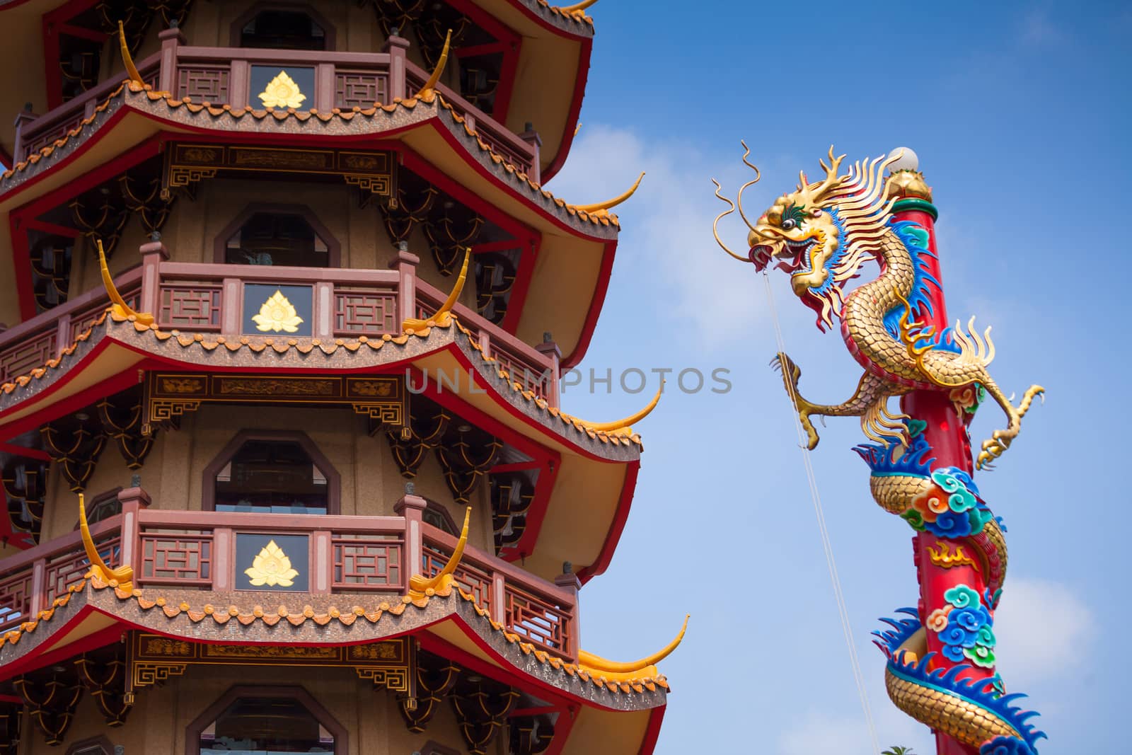 Chinese style dragon statue and temple with blue sky