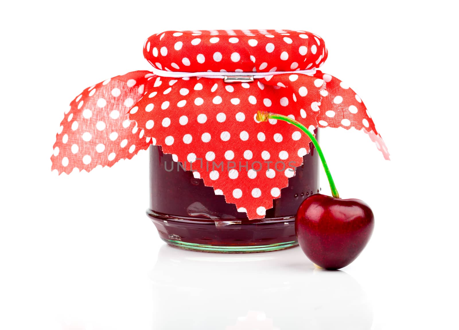cherry  jam and fresh berries isolated on white