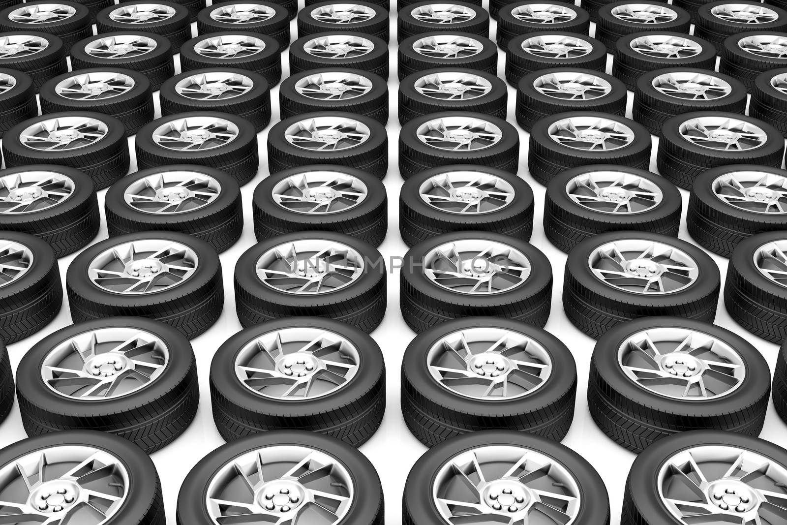 Group of car tires with alloy rims
