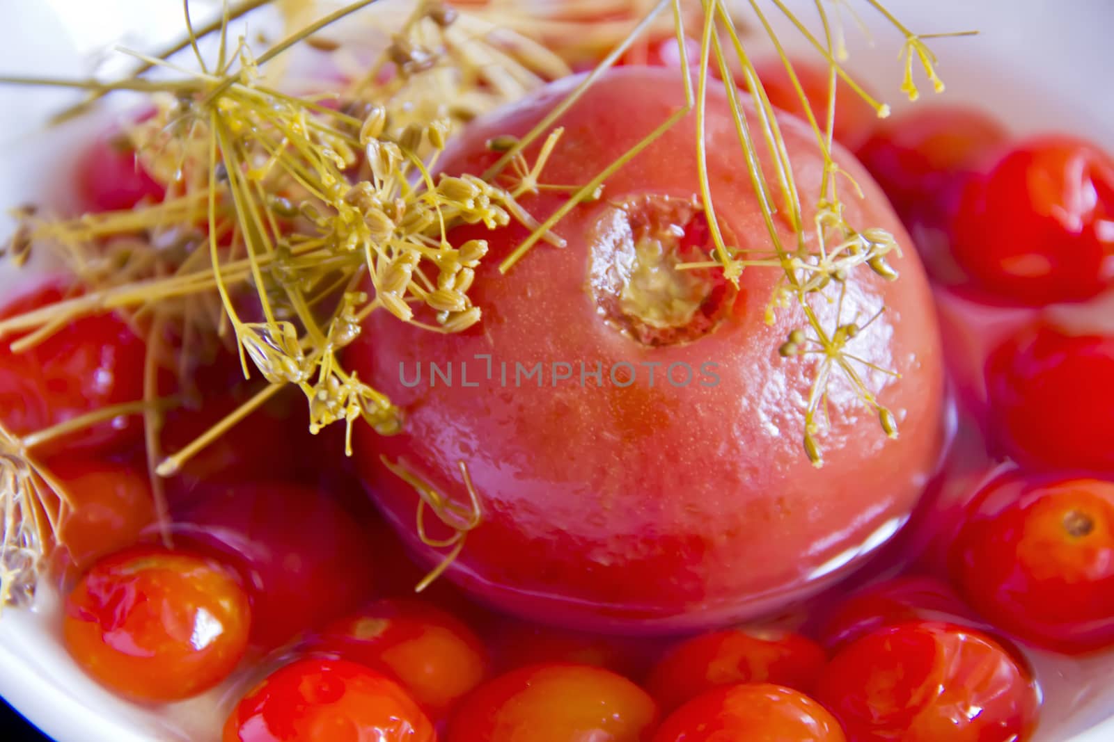 Photo of red tomato in brine with dill