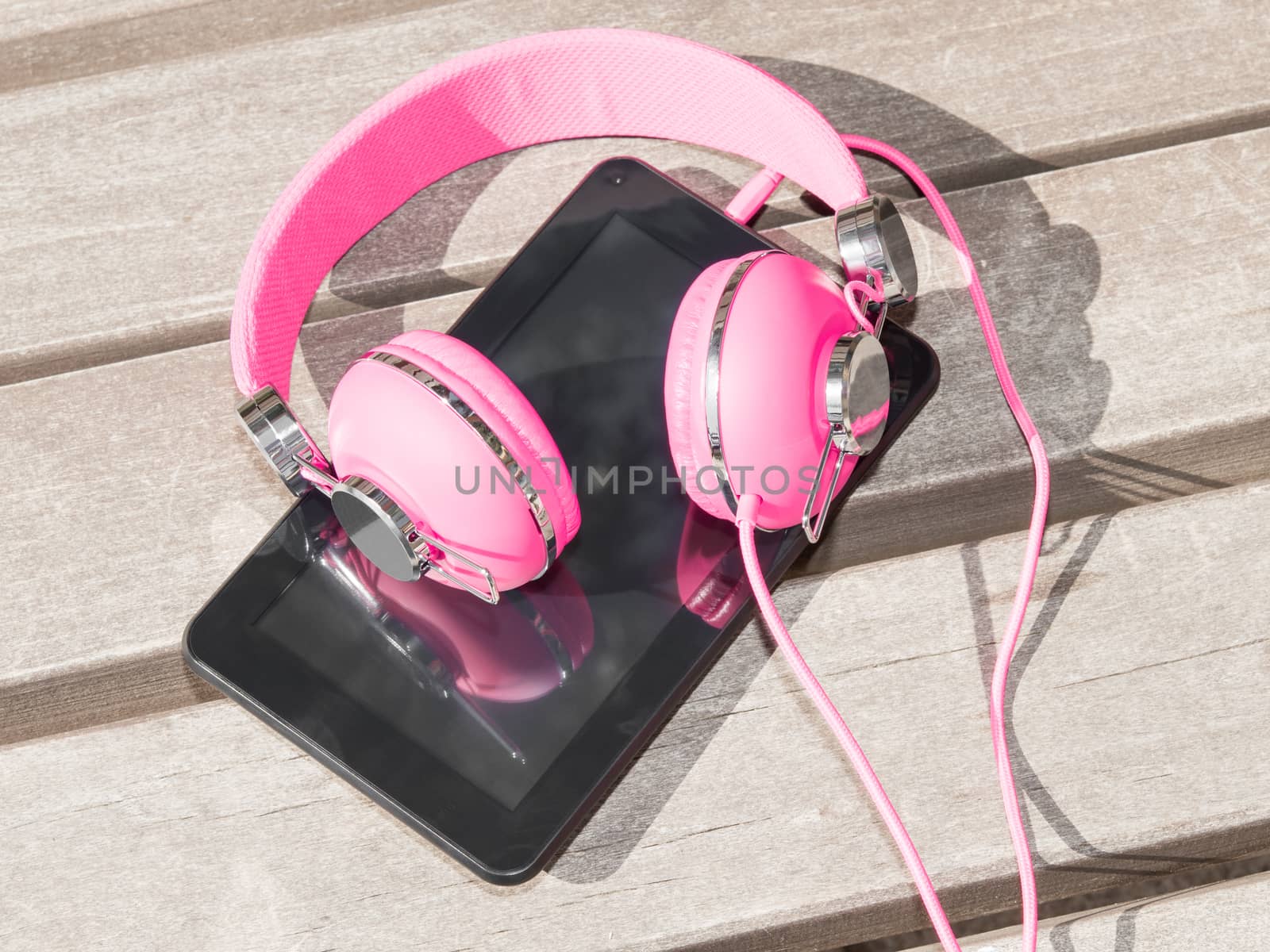 Female pink headphones and tablet pc for distance education and mobile leisure outdoors on wooden bench in park
