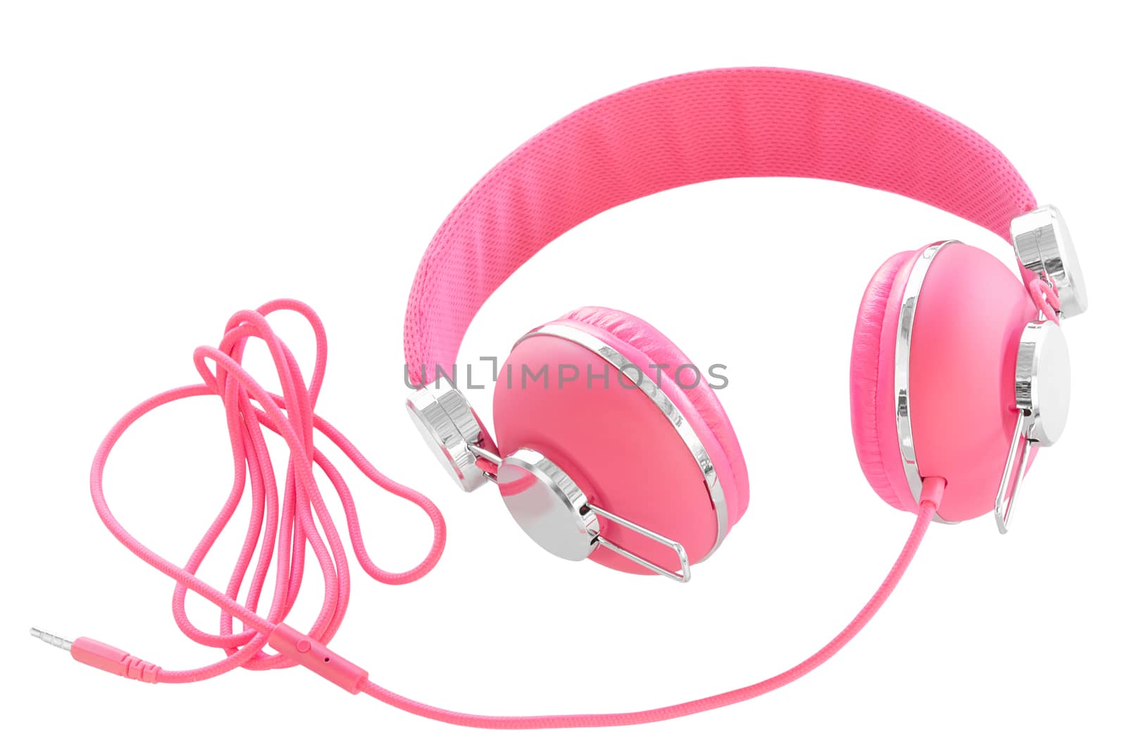 Female pastel pink colorful headphones isolated on white