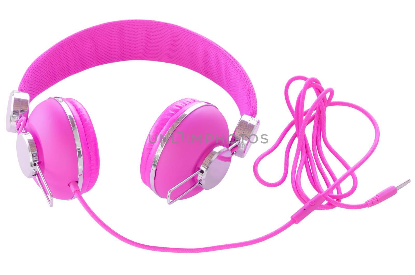 Bright neon colored purple violet female headphones isolated on white