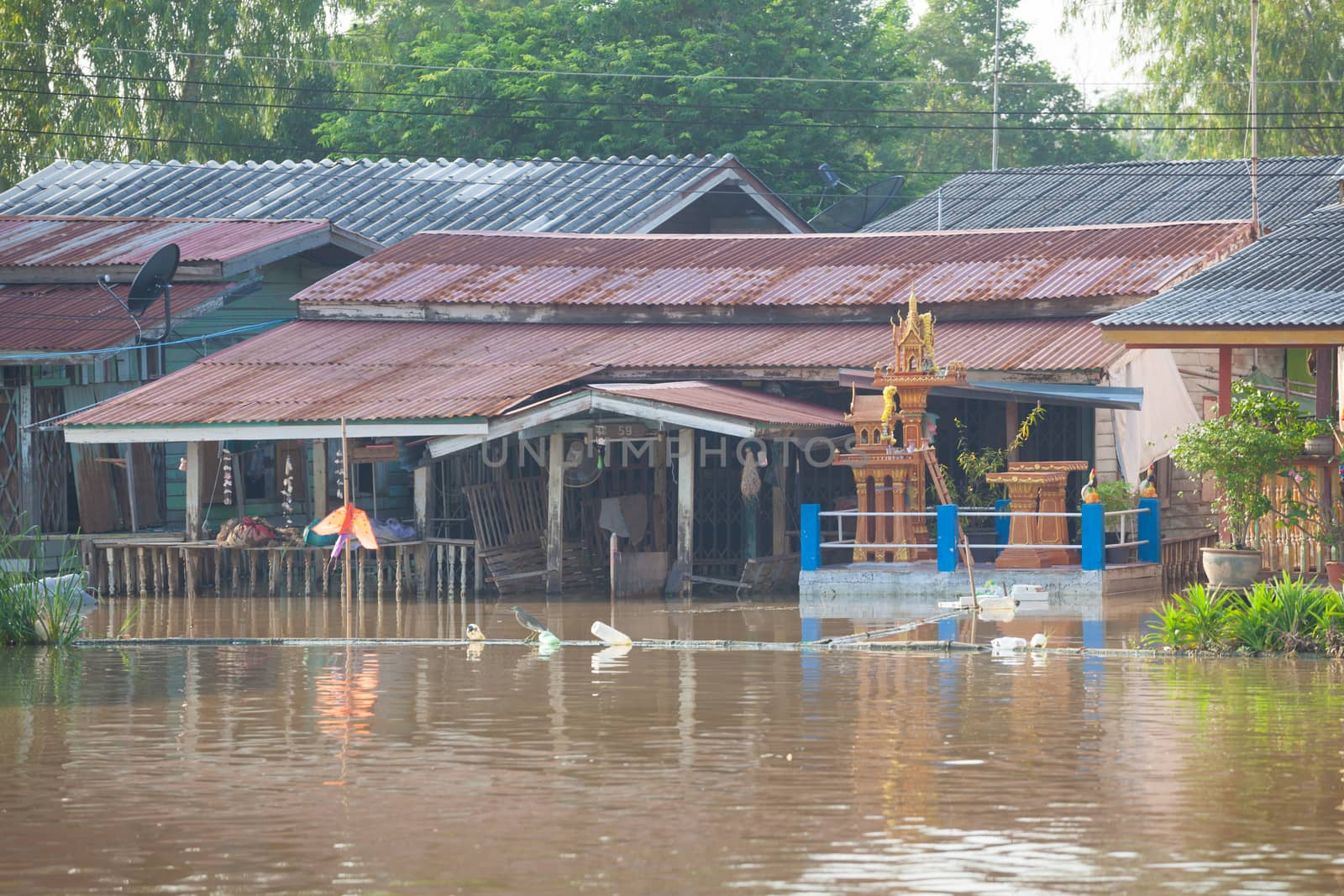flood waters overtake house in Thailand