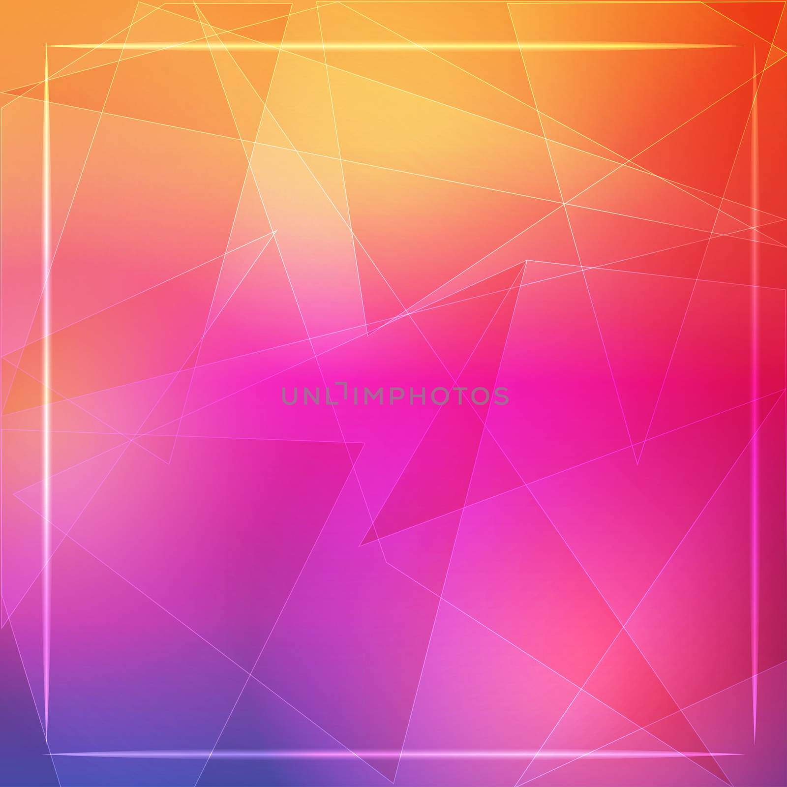 abstract orange pink background with shining white lines, triangles and frame