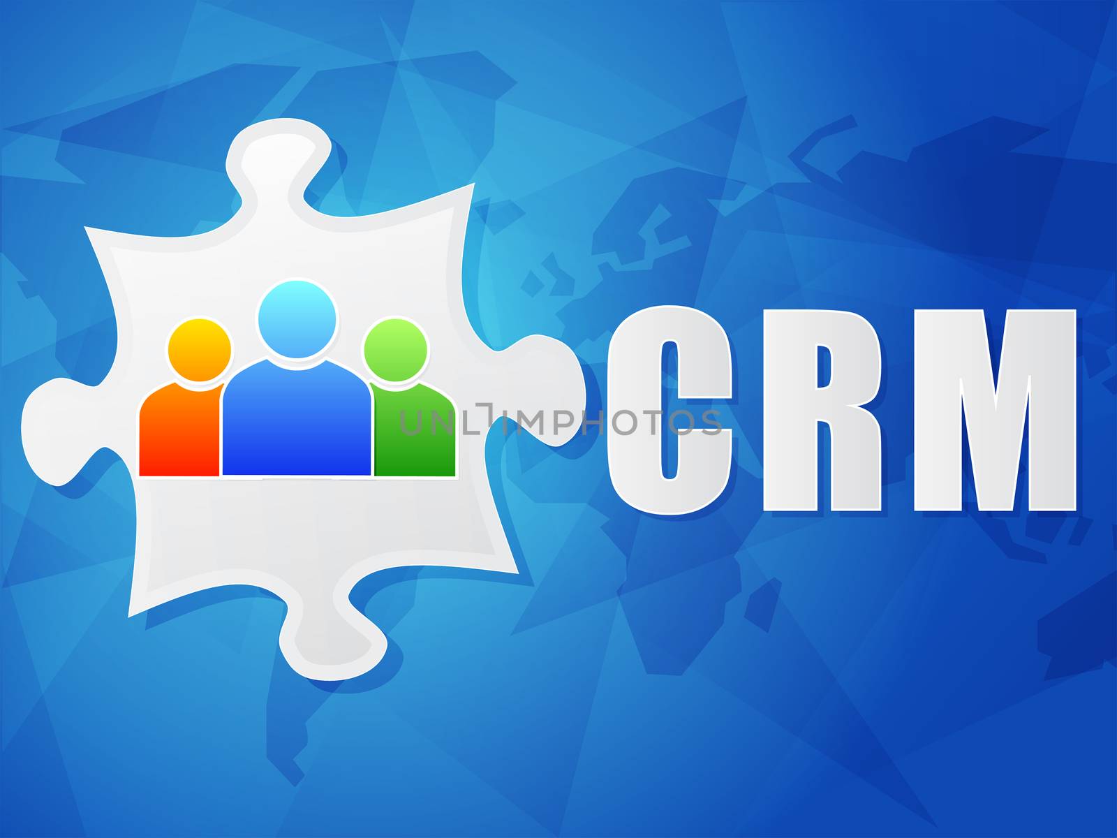 CRM - customer relationship management and puzzle piece with person signs over blue background, flat design, business concept