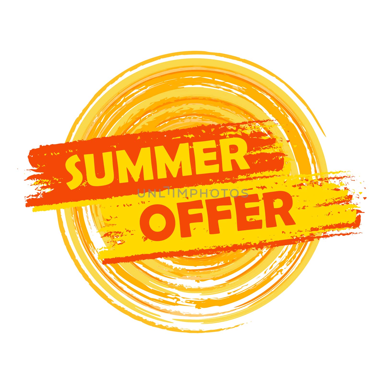 summer offer with sun sign, yellow and orange drawn label by marinini