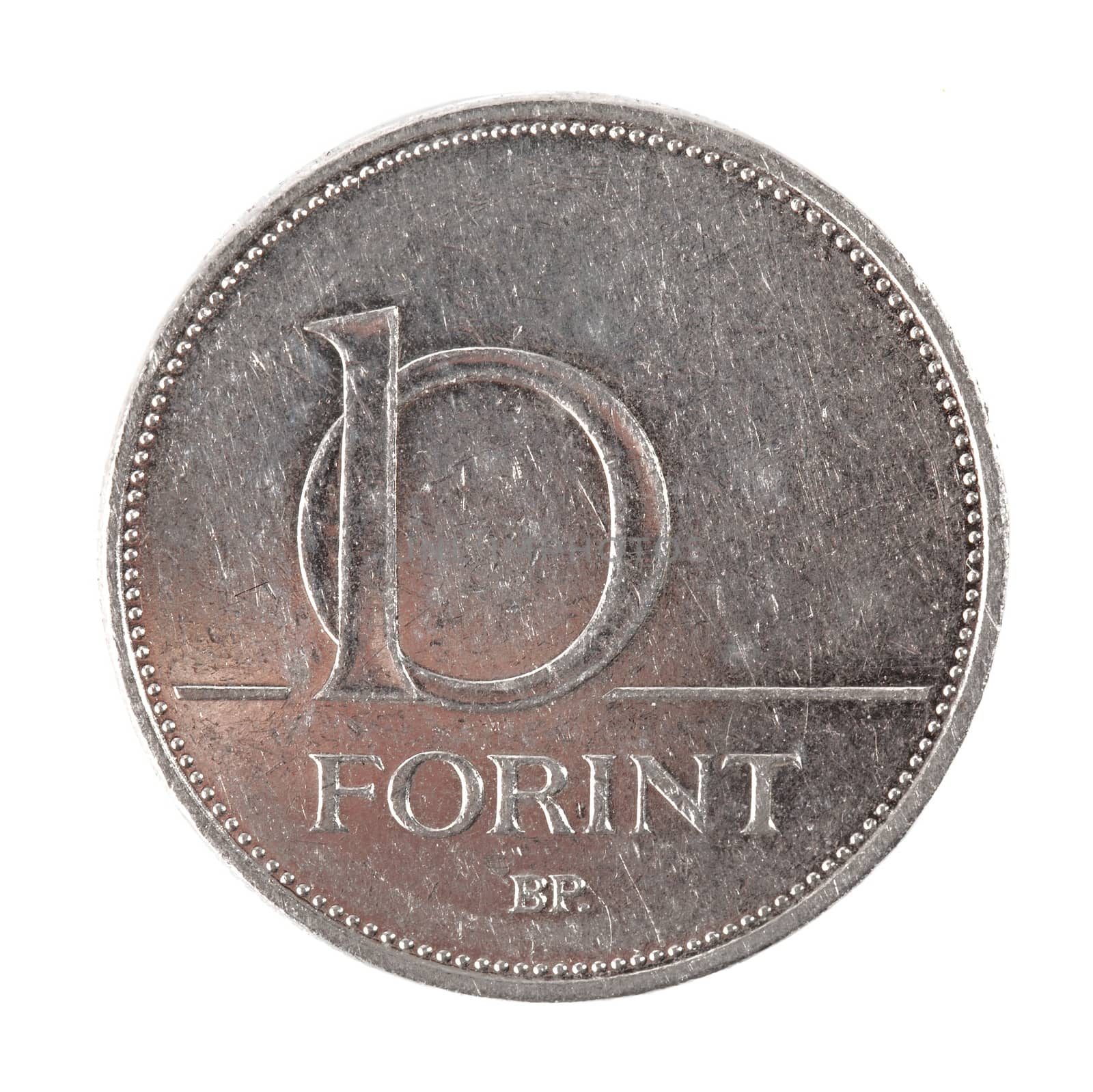 10 Hungarian forints coin on white background