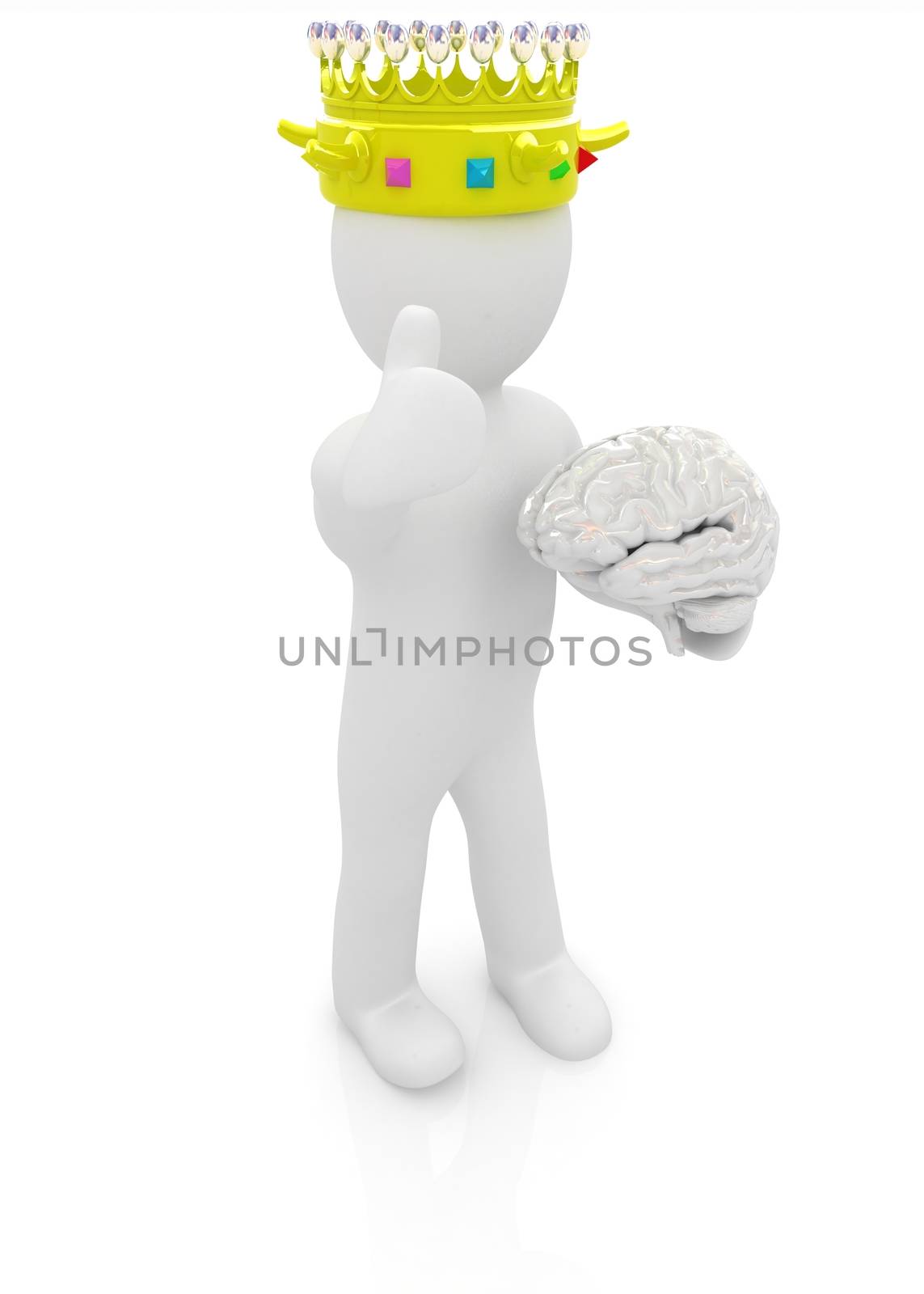 3d people - man, person with a golden crown. King with brain