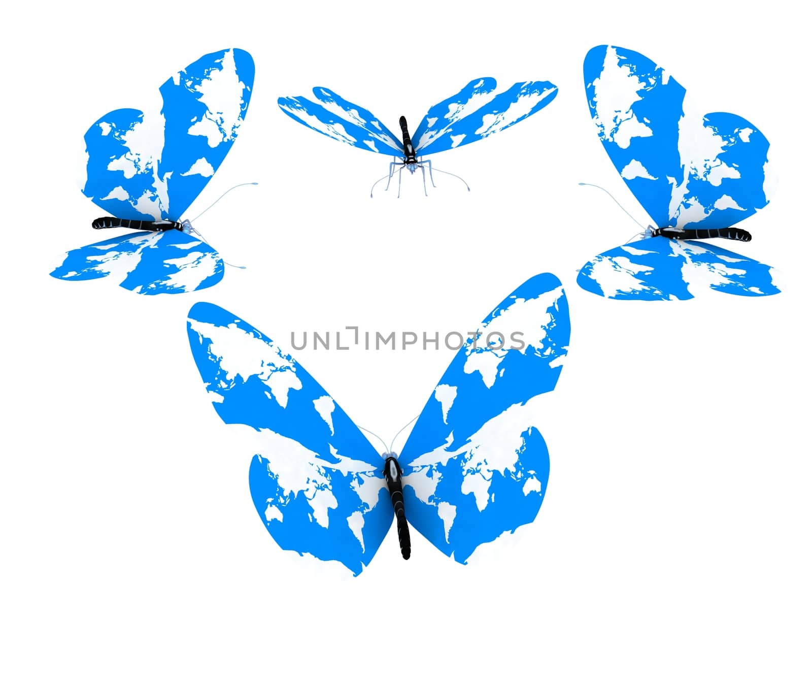 Map of Earth on butterflies isolated on white 