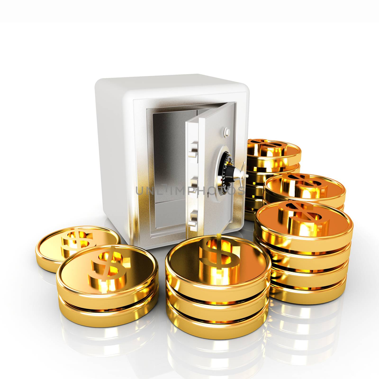 open a bank vault with a bunch of gold coins. isolated on white. by Guru3D