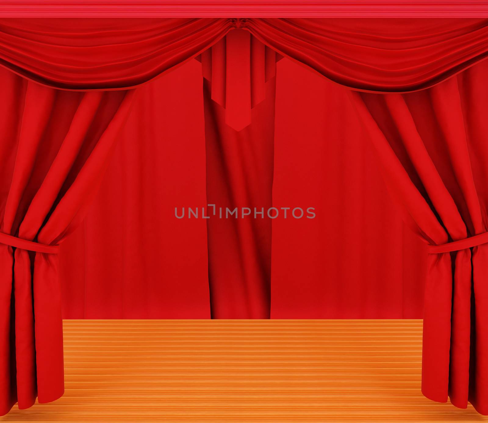 Red curtains and wooden scene floor  by Guru3D