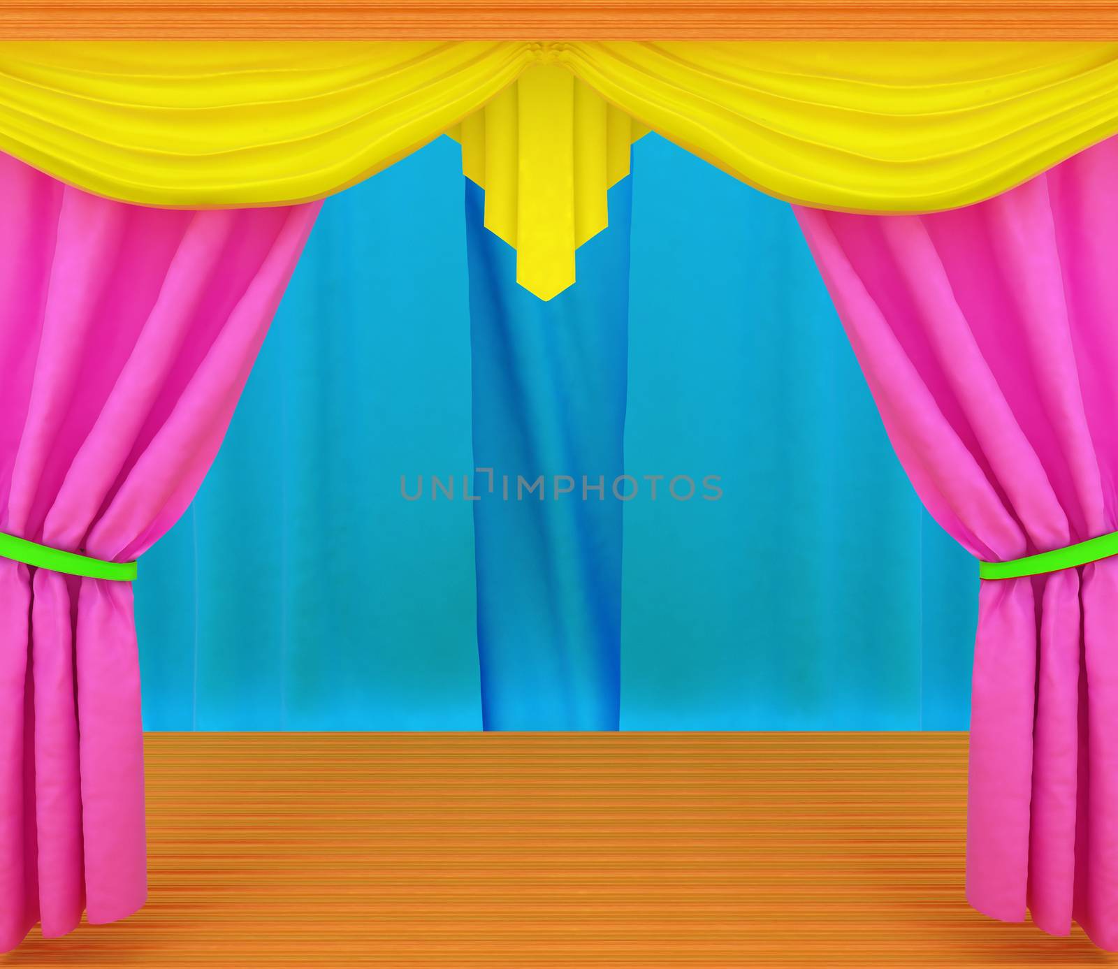 Colorfull curtains and wooden scene floor 